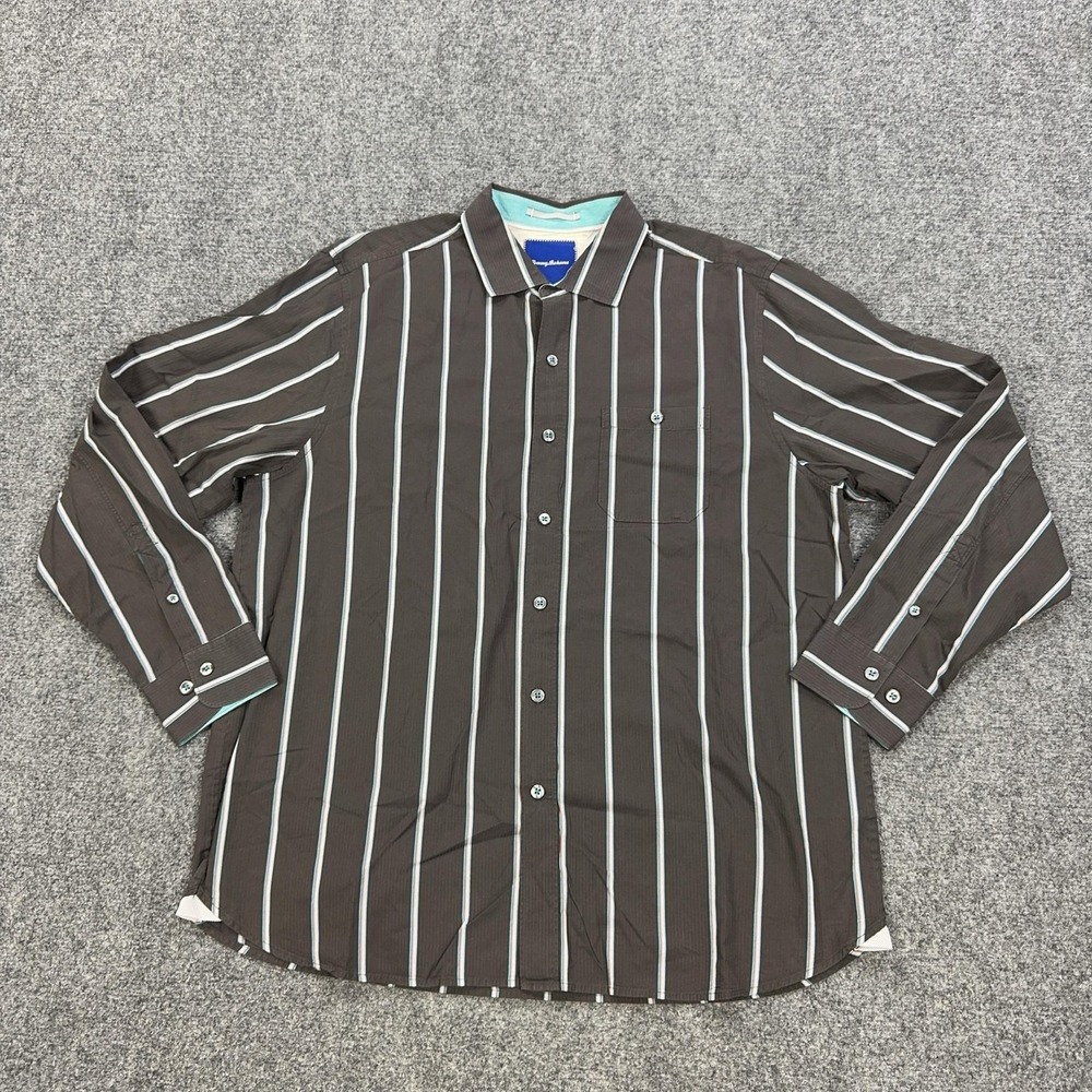 Tommy Bahama Shirt Mens XL Brown Striped Cotton Long Sleeve Button Front Casual